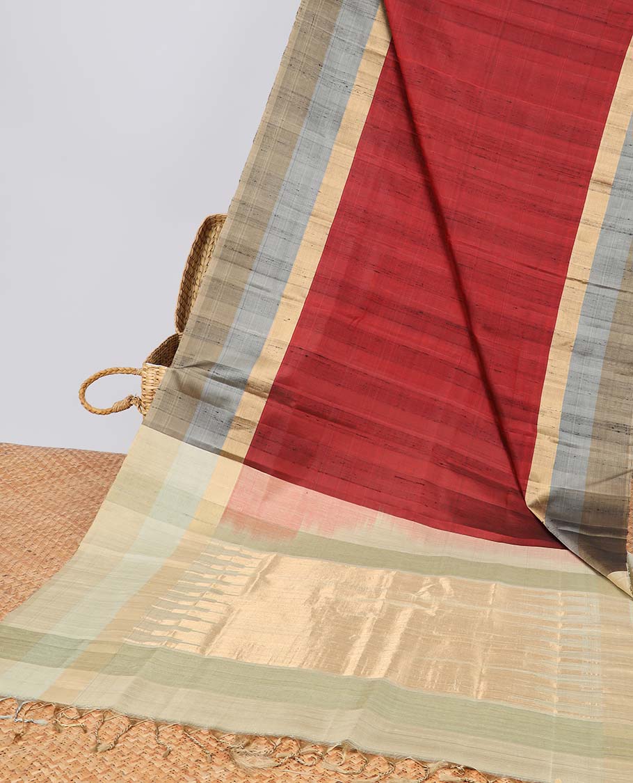 Brown striped soft silk saree contrast striped border & temple zari design pallu