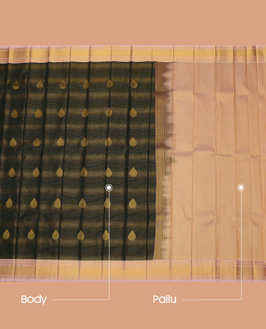 Green Budget Silk Saree, Detailed with Zari Buttas and Stripes, a Contrast Traditional Zari Border, Grand Pallu, and a Contrast Blouse