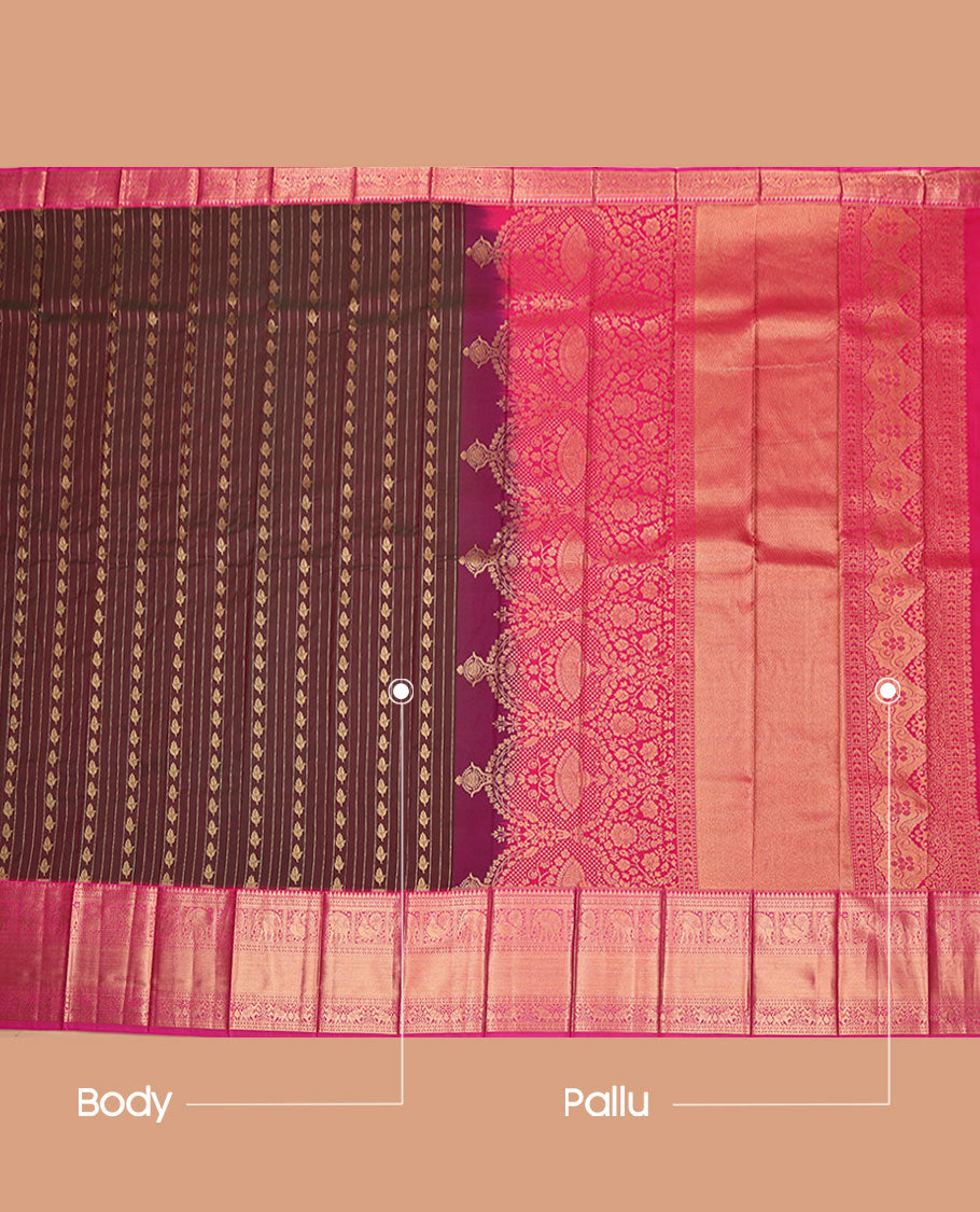 Maroon Budget Silk Saree, Adorned with Zari Designs on Its Body, Complemented by Contrast Traditional Zari Design Border, Intricately Designed Pallu, and Paired with a Contrast Blouse