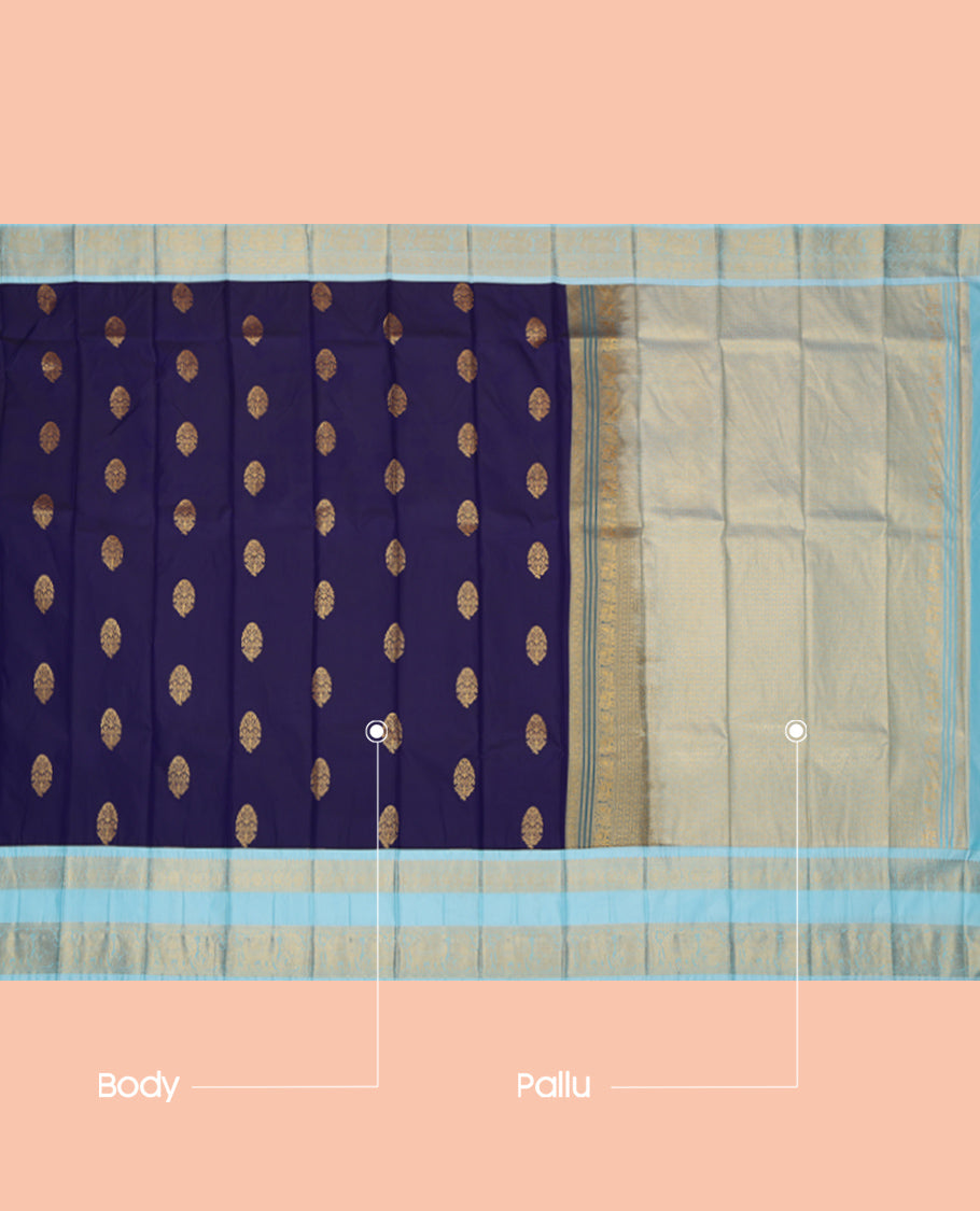 Navy Blue Budget Silk Saree, Decorated with Zari Buttas, Complemented by Contrast Traditional Rettai Pettu Border, a Grand Pallu and a Contrast Blouse