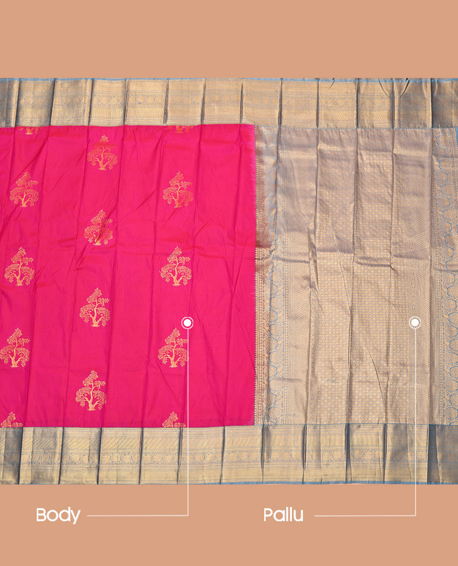 Pink Budget Silk Saree, Detailed with Tree Zari Buttas, Complemented by a Contrast Traditional Border, Grand Pallu, and a Contrast Blouse