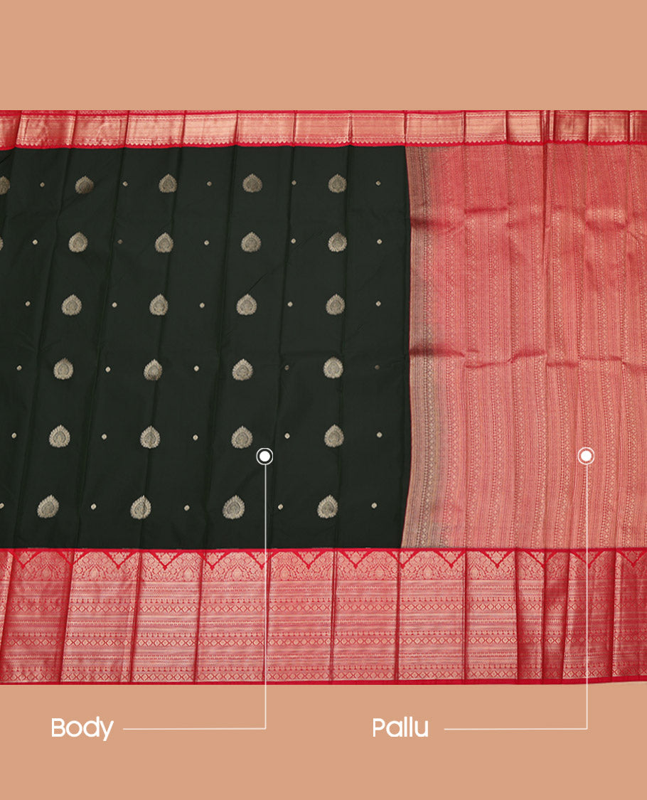 Black Budget Silk Saree, Ornamented with Zari Buttas on Its Body, Complemented by a Contrast Traditional Zari Design Border, Intricately Designed Pallu, and Paired with a Contrast Blouse