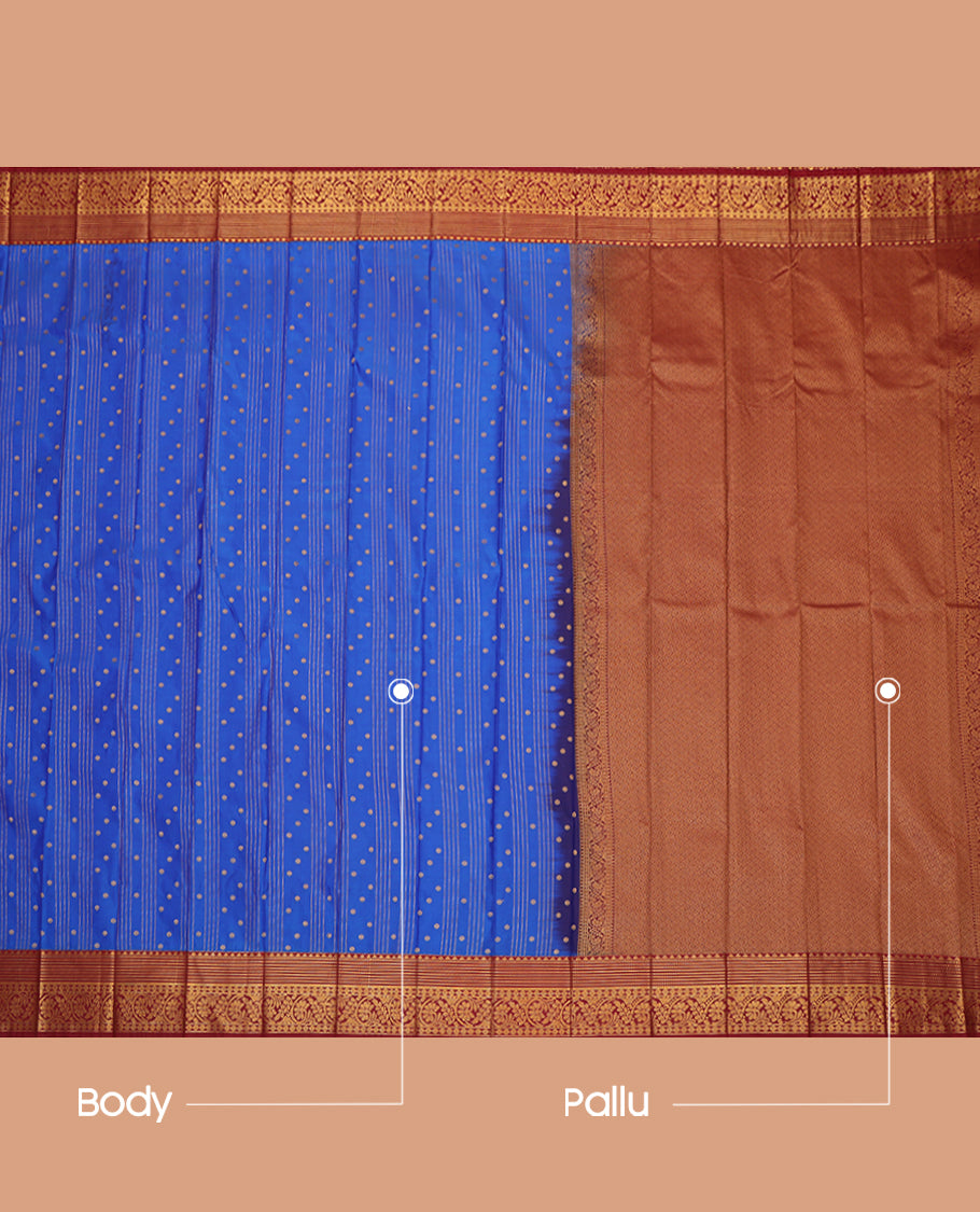 Blue Budget Silk Saree, Opulently Embellished with Zari Buttas and Stripes, a Contrast Traditional Zari Border, Intricate Pallu, and a Contrast Blouse