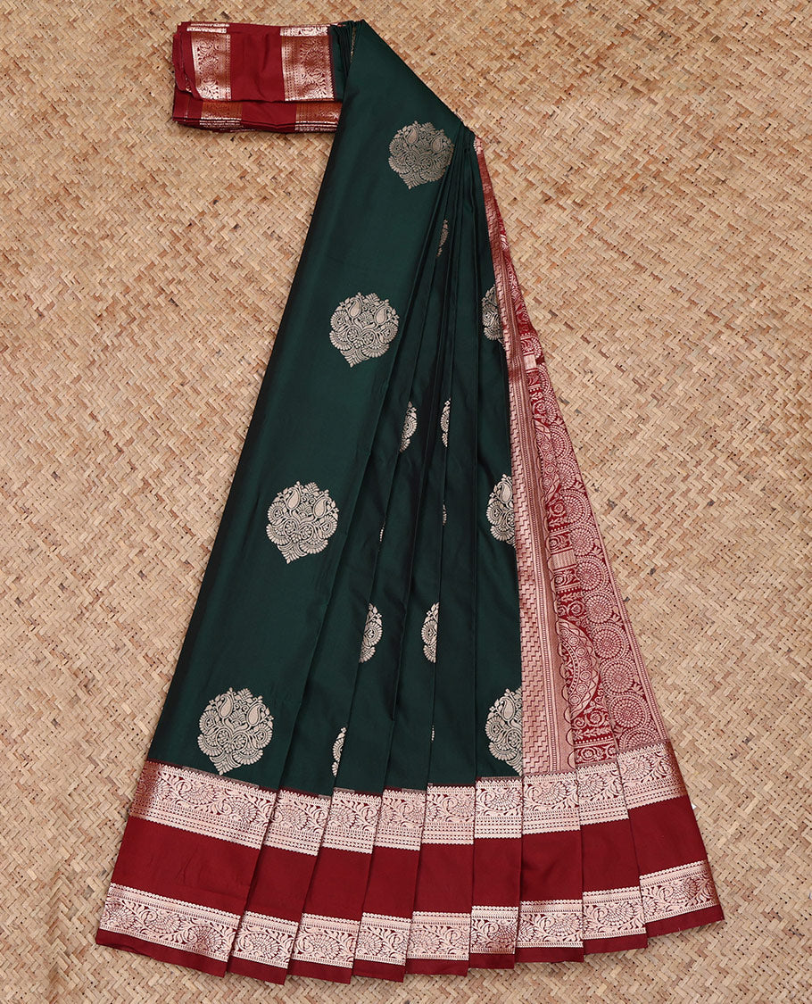 Bottle Green Budget Silk Saree, Enriched with Zari Buttas All Over Its Body, Complemented by a Contrast Traditional Zari Design Rettai Pettu Border, Intricately Designed Pallu, and Paired with a Contrast Blouse