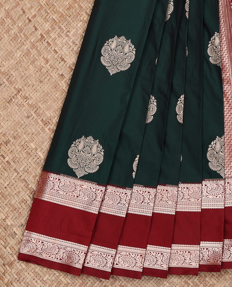 Bottle Green Budget Silk Saree, Enriched with Zari Buttas All Over Its Body, Complemented by a Contrast Traditional Zari Design Rettai Pettu Border, Intricately Designed Pallu, and Paired with a Contrast Blouse