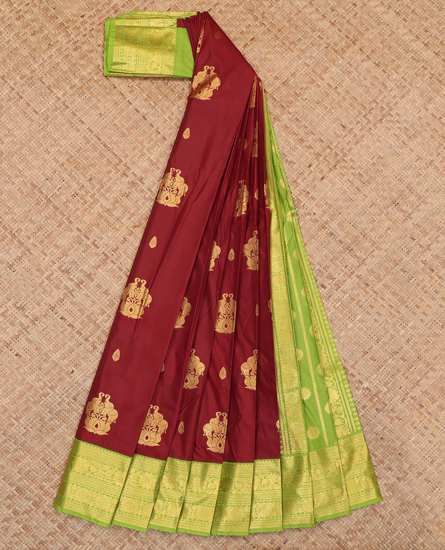 Maroon Budget Silk Saree, Bedecked with Zari Buttas, Complemented by Contrast Traditional Zari Border, a Grand Pallu and a Contrast Blouse