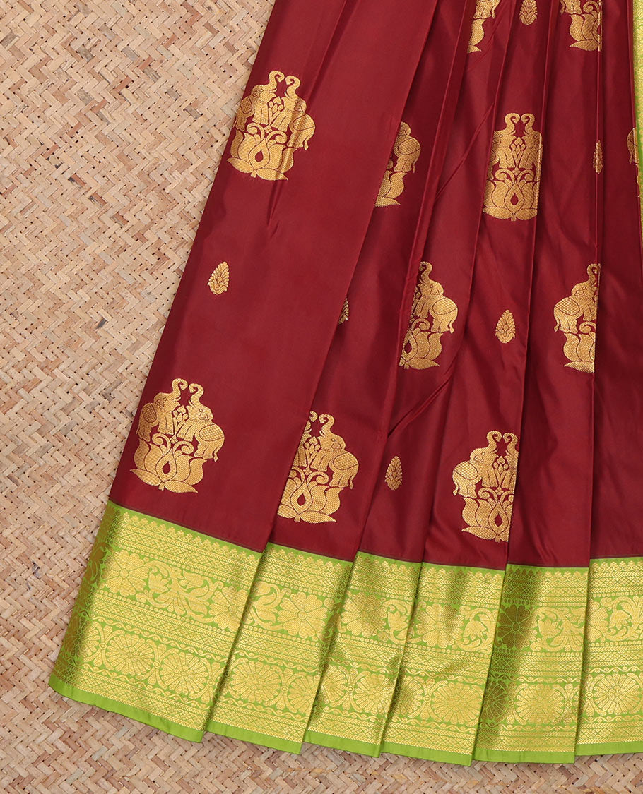 Maroon Budget Silk Saree, Bedecked with Zari Buttas, Complemented by Contrast Traditional Zari Border, a Grand Pallu and a Contrast Blouse