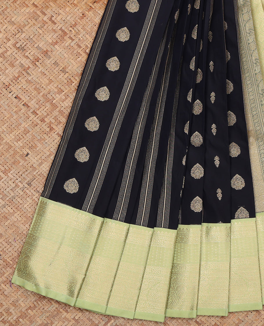 Black Budget Silk Saree, Prettified with Zari Buttas and Stripes, a Contrast Traditional Zari Border, Grand Pallu, and a Contrast Blouse