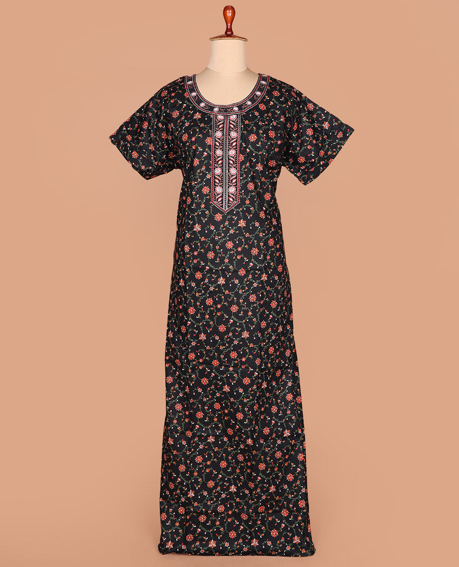 Black floral vine printed with round neck lace embroidered half-sleeve cotton nighty