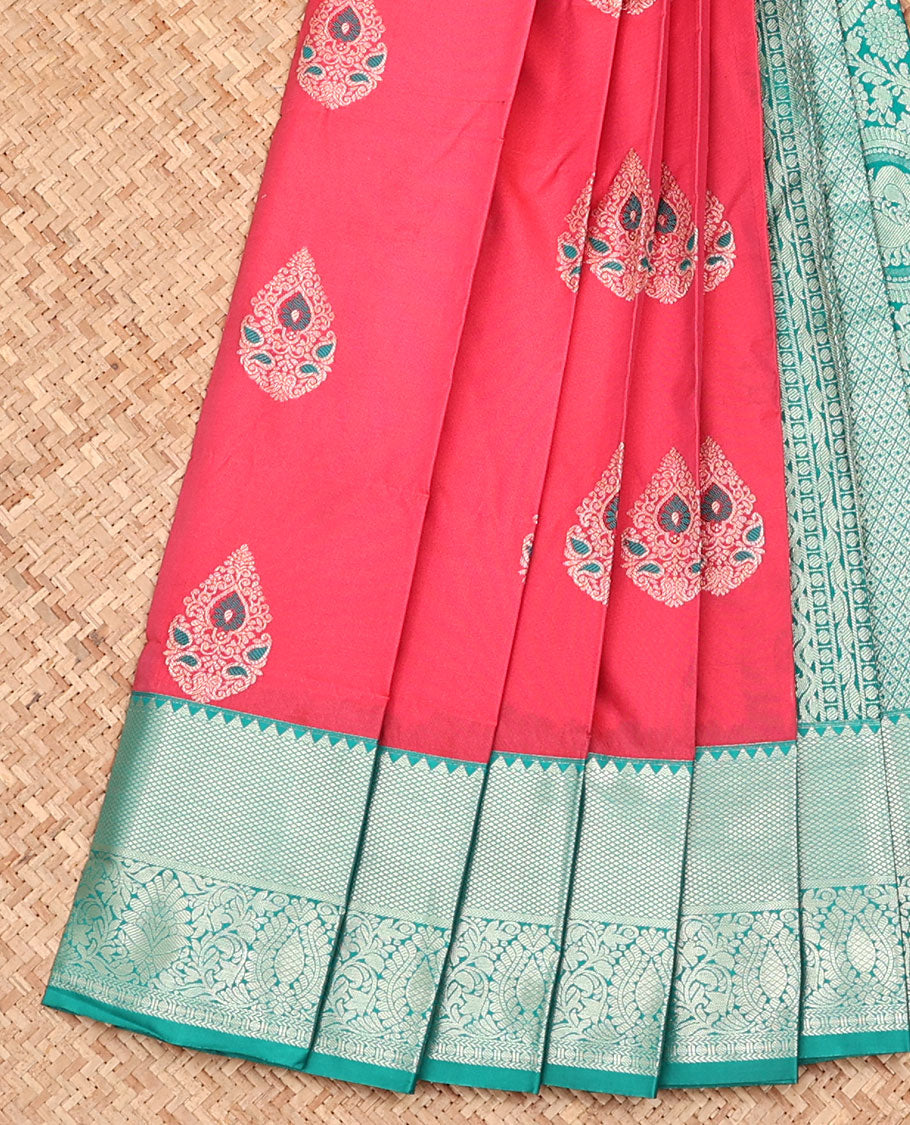 Pink Budget Silk Saree, Detailed with Zari Buttas, Captivating Contrast Traditional Zari Design Border, Pallu of Jaal Design, and Has a Contrast Blouse