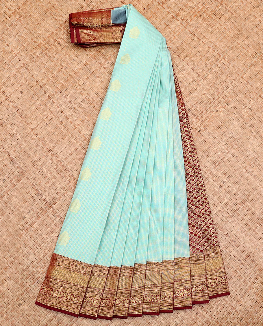 Blue Budget Silk Saree, Sparsely Sparkled with Micro-Checks and Buttas All Over Its Body, Complemented by a Contrast Traditional Zari Design Border, Pallu of Intricate Designs, and Paired with a Contrast Blouse