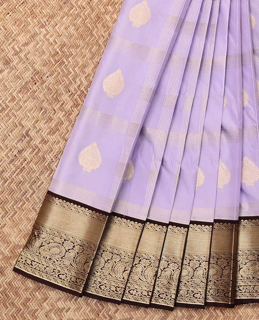 Lavender Budget Silk Saree, Sparsely Woven with Zari Butta Enclosed Checks, a Contrast Traditional Zari Design Border, Grand Pallu, and a Contrast Blouse