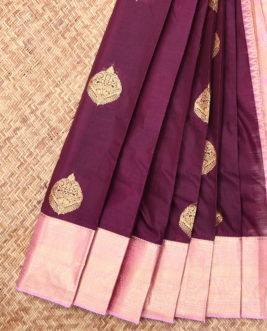 Wine Budget Silk Saree, Enthralled with Zari Buttas, Complemented by Contrast Traditional Zari Border, a Grand Pallu and a Contrast Blouse