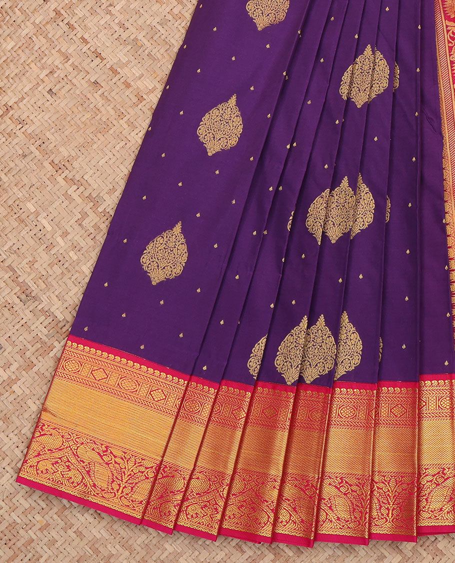Violet Budget Silk Saree, Dazzled with Zari Buttas All Over Its Body, Complemented by a Contrast Traditional Design Border of Peacocks, Gracefully Embellished Pallu, and Paired with a Contrast Blouse