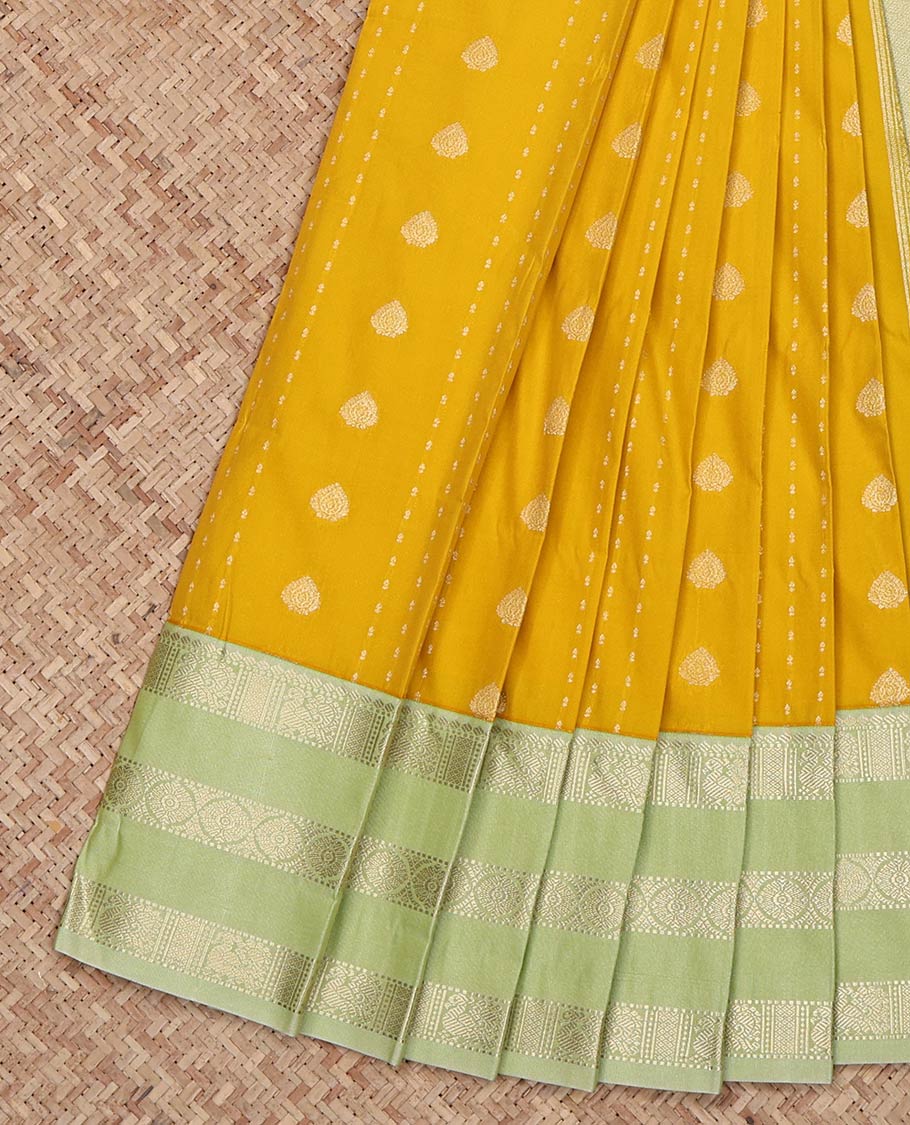 Yellow Budget Silk Saree, Impeccably Styled with Zari Buttas on Its Body, Complemented by a Contrast Traditional Zari Design Varisai Pettu Border, Jaal Pallu, and Paired with a Contrast Blouse