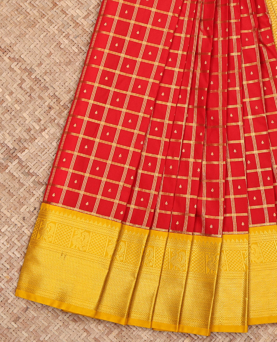 Red Budget Silk Saree, Decked Up with Zari Butta Enclosed Checks on Its Body, Complemented by a Contrast Traditional Zari Design Border, Sparsely Woven Pallu, and Paired with a Contrast Blouse