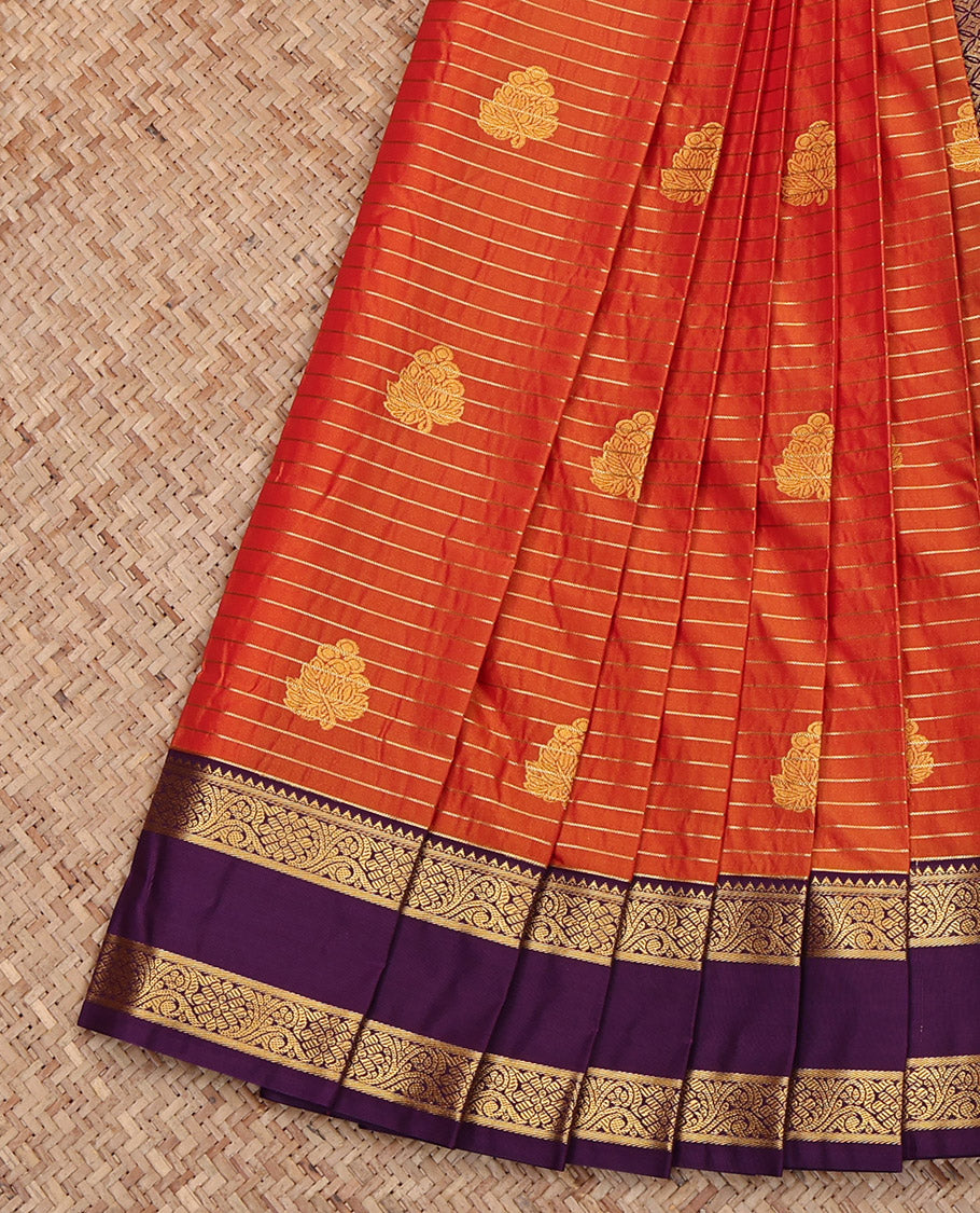 Orange Budget Silk Saree, Bedecked with Zari Buttas and Stripes, Complemented by Contrast Floral Creeper Rettai Pettu Border, Jaal Pallu and a Contrast Blouse