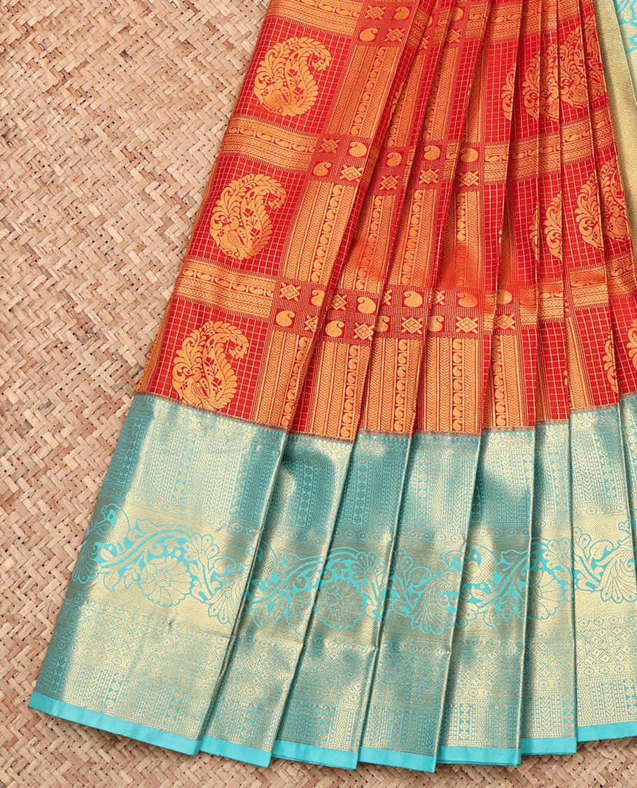 Red Budget Silk Saree, Majestically Detailed with Jacquard Design, Complemented by a Contrast Traditional Zari Border, Grand Pallu, and Contrast Blouse
