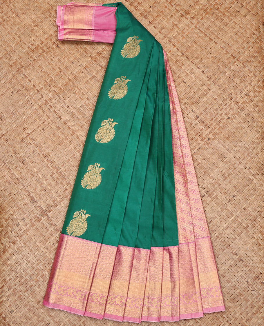 Green Budget Silk Saree, Woven with Zari Buttas, Complemented by a Contrast Traditional Border, Grand Pallu, and a Contrast Blouse
