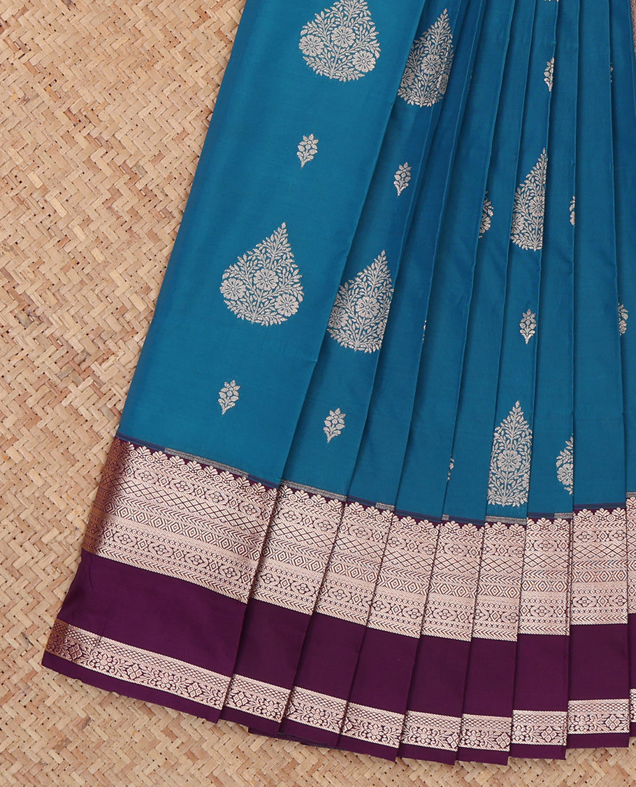 Blue Budget Silk Saree, Dazzled with Zari Buttas, Complemented by a Contrast Traditional Zari Rettai Pettu Border, Grand Pallu, and a Contrast Blouse
