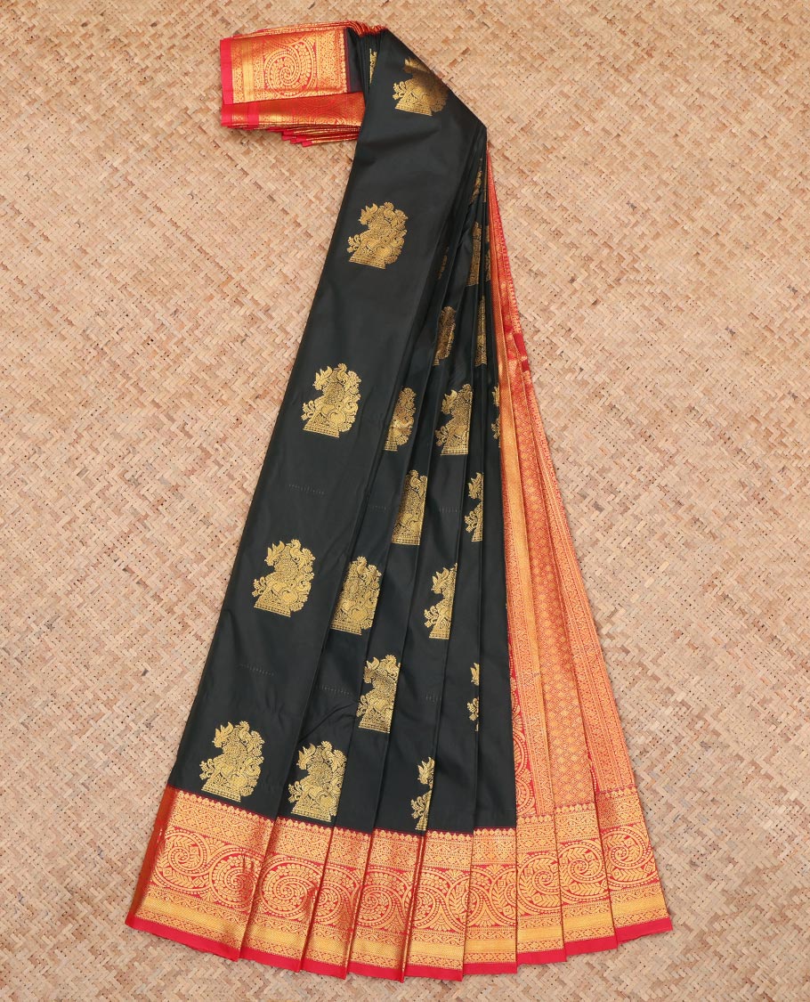 Black Budget Silk Saree, Pretified with Animal Buttas, a Contrast Traditional Zari Border, a Jaal Pallu and a Contrast Blouse
