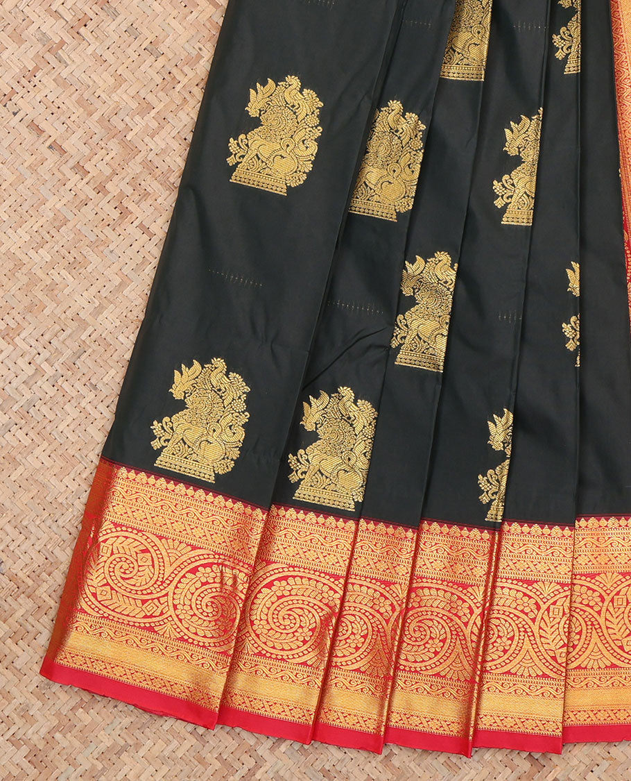 Black Budget Silk Saree, Pretified with Animal Buttas, a Contrast Traditional Zari Border, a Jaal Pallu and a Contrast Blouse