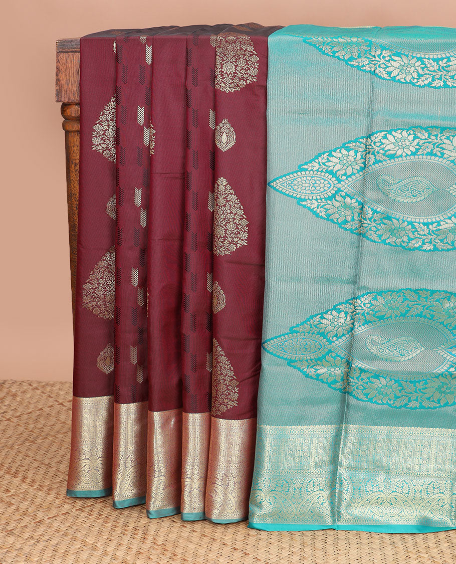 Maroon floral design gift saree with contrast zari design border & floral design pallu