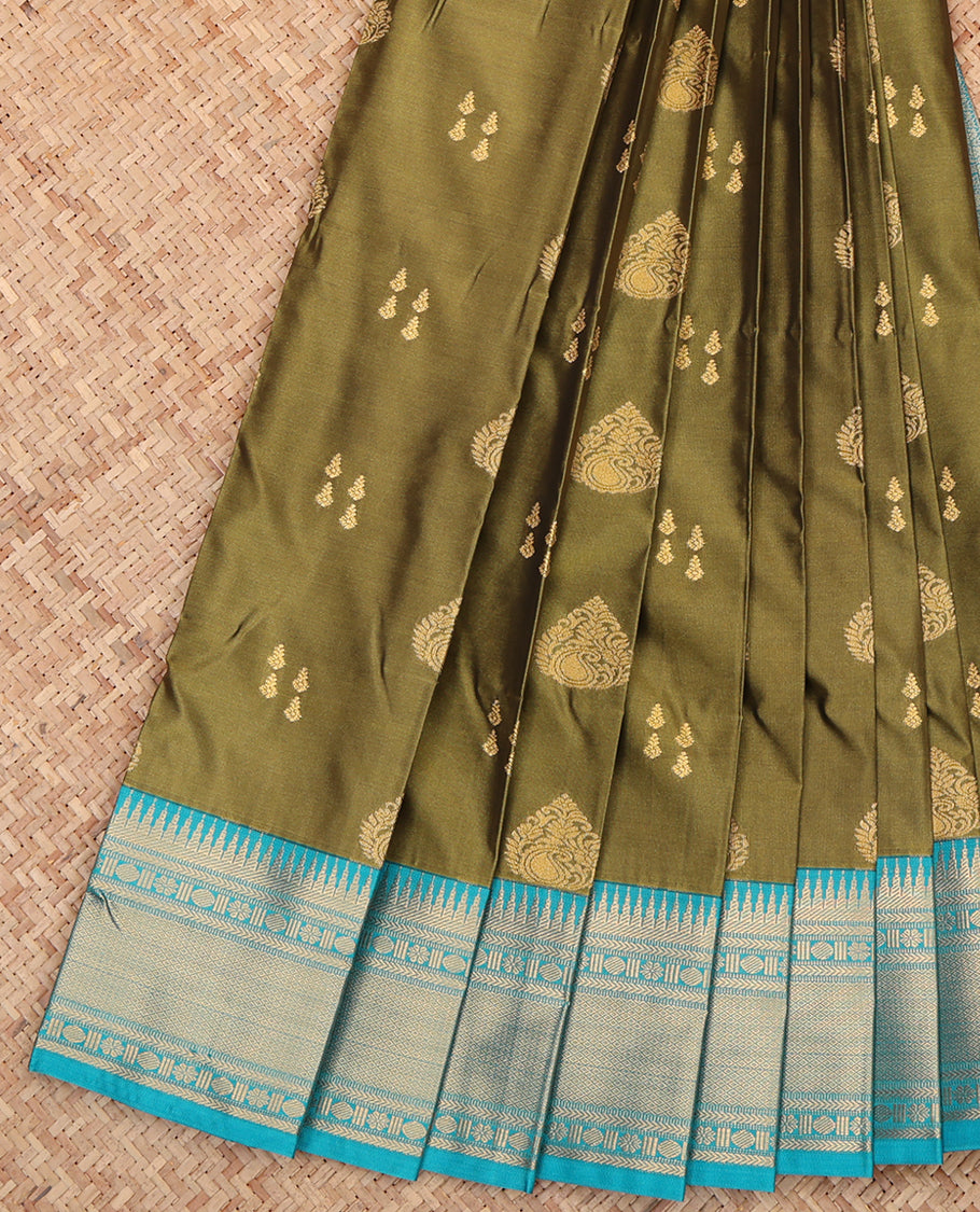 Green Budget Silk Saree, Bedecked with Zari Buttas, a Contrast Traditional Zari Border, Intricate Pallu, and a Contrast Blouse