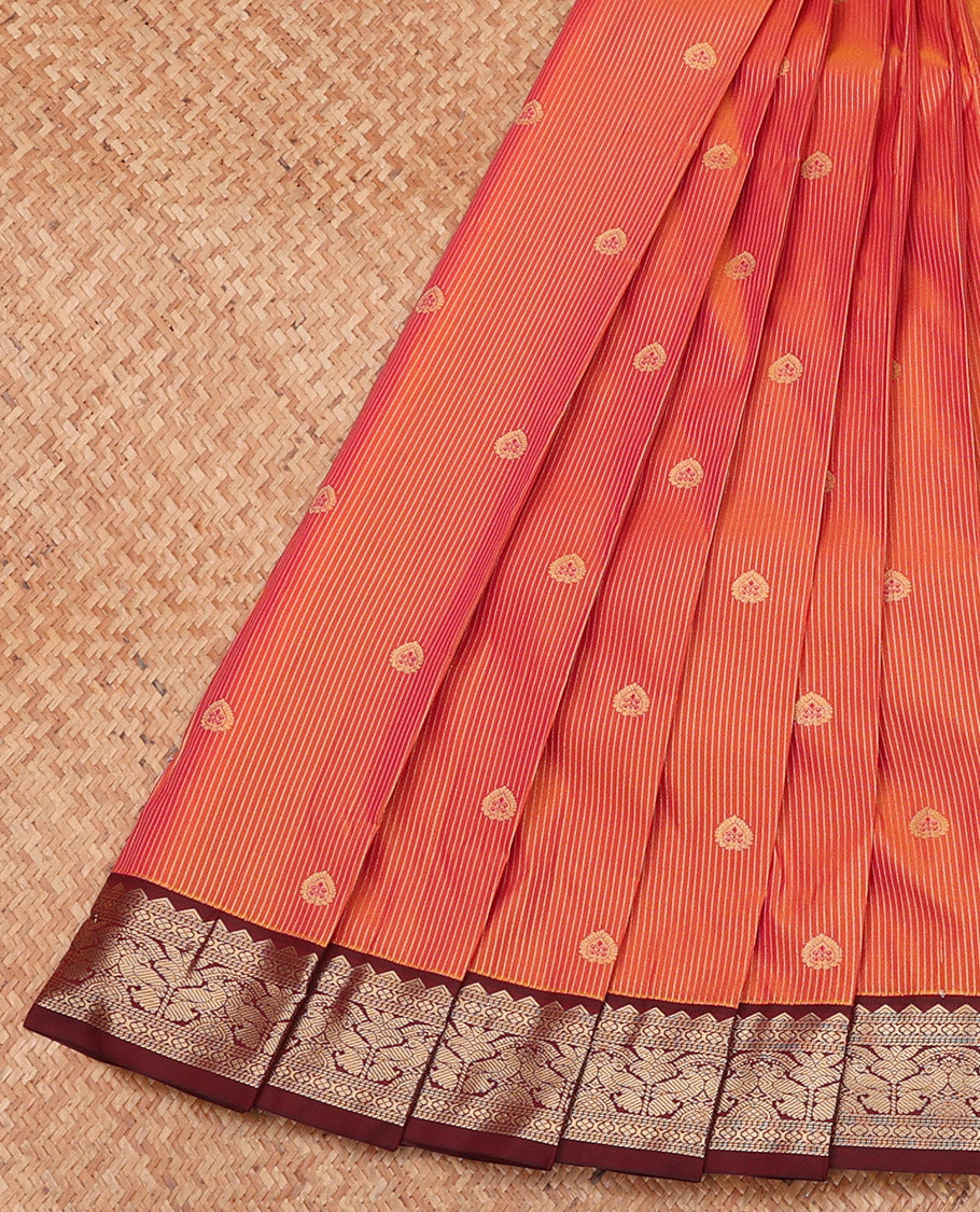 Orange Budget Silk Saree, Ornamented with Zari Buttas and Stripes, Complemented by a Contrast Traditional Zari Border, Grand Pallu, and a Contrast Blouse