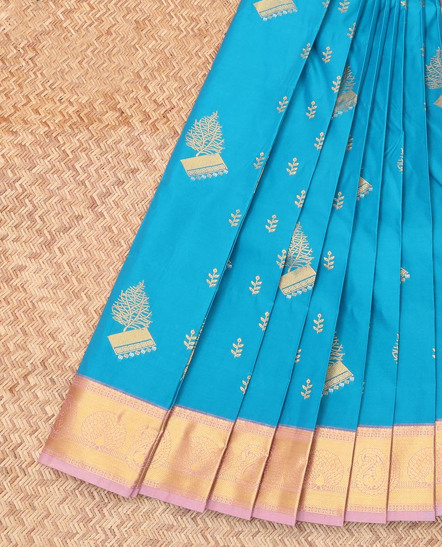 Blue Budget Silk Saree, Decorated with Zari Buttas, Complemented by Contrast Traditional Zari Border, a Grand Pallu and a Contrast Blouse