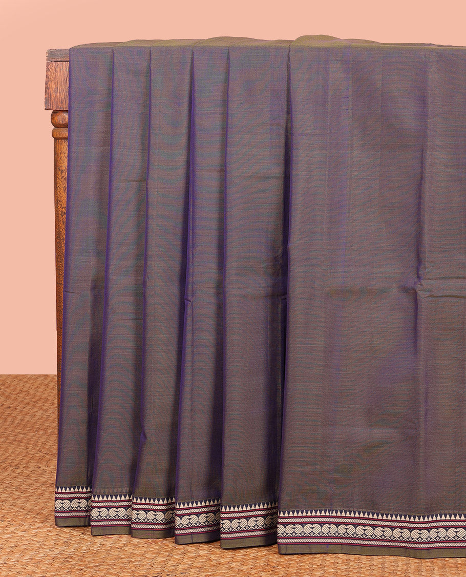 Grey Dual-Toned Plain Narayanpet Cotton Saree, Subtly Woven Traditional Motifs Thread Border, Complemented by Contrast Pallu of Colorful Stripes, and Paired with a Matching Blouse