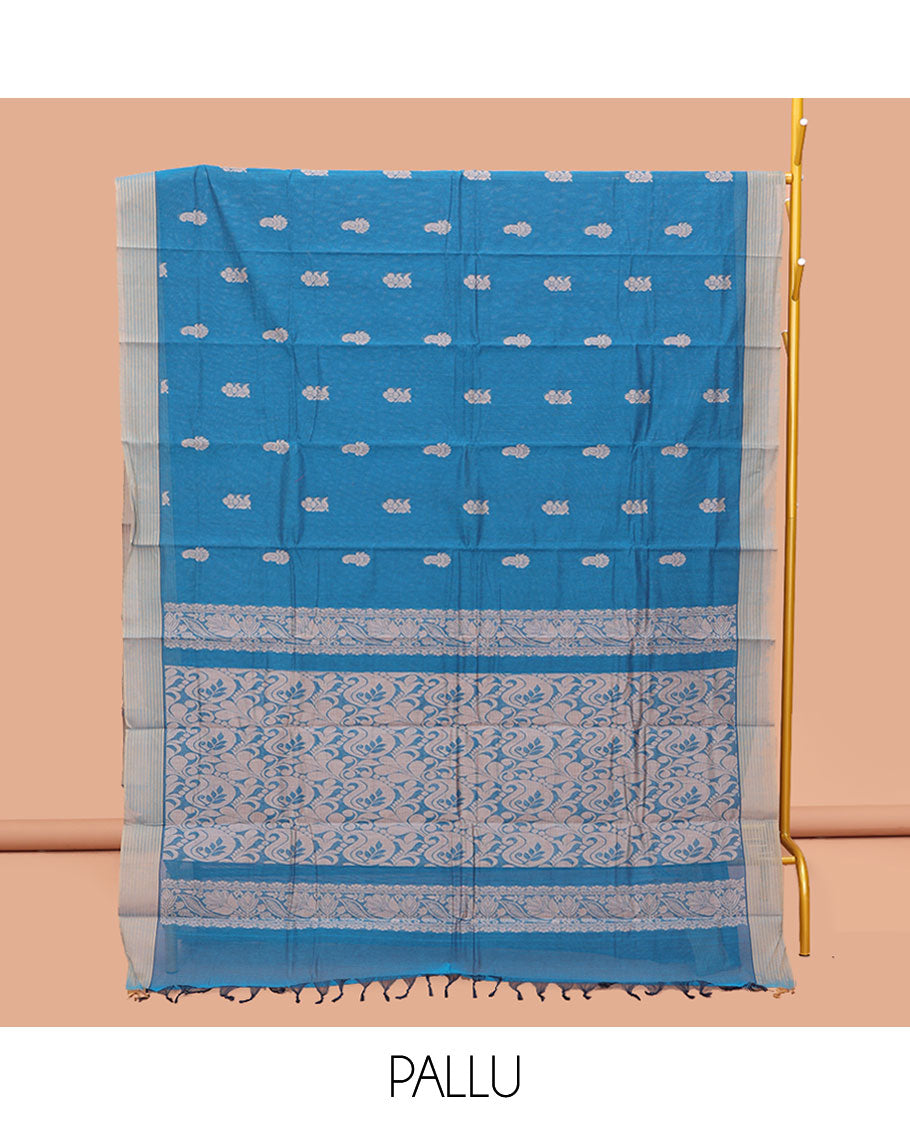 Blue Kanchi Cotton Saree, Delicately Woven with Buttas, Complemented by a Contrast Border, Paisley Pallu, and a Matching Blouse