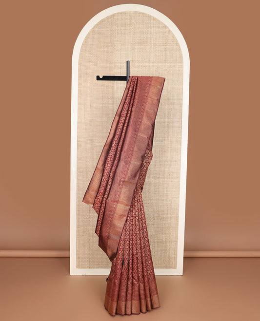 Maroon Jacquard Kanchipuram silksaree,zari border of reeku,paisa,banaras,kodi visiry,neli,manga,lavangam & mayil kann & intricate pallu