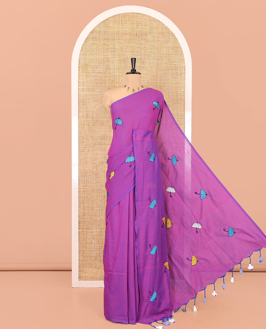Borderless Violet Khadi Cotton Saree, Delicately Woven with Umbrella Motifs, Thread Embroidered on Its Body, a Self-Pallu, and Paired with a Matching Blouse
