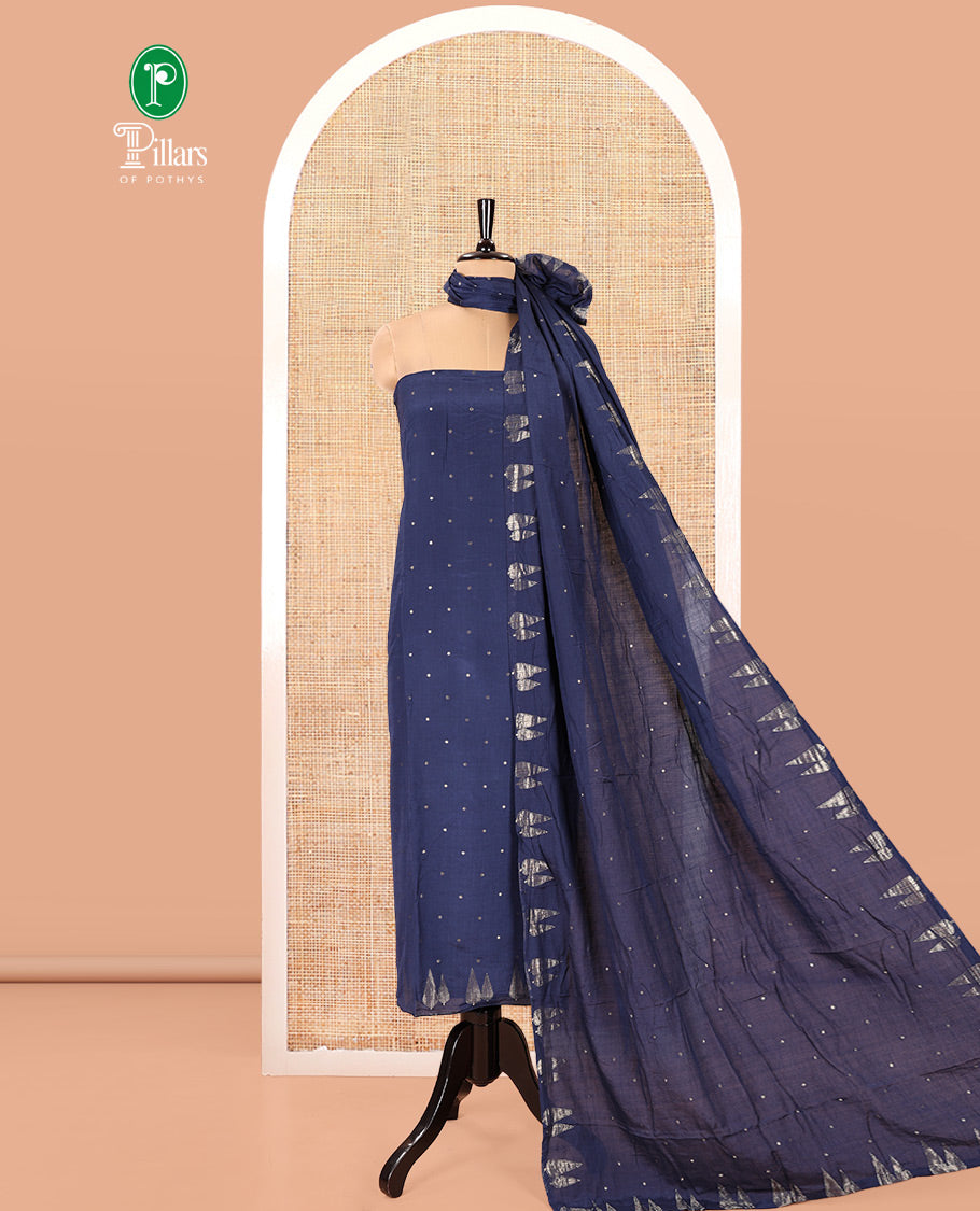 Blue Semi-Silk Material Chudidar Set, Subtly Sparkled with Buttas on Its Top, a Plain Bottom, and Paired with a Semi-Silk Zari Buttas and Pine-Tree Dupatta