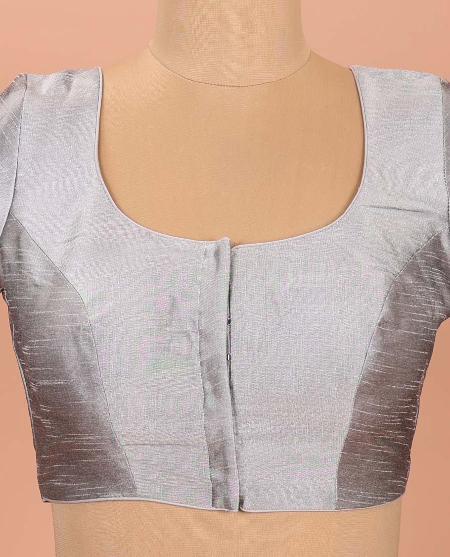 Grey Plain Readymade Blouse Featuring a Front Round-Neck, Back Round-Neck, and Elbow Sleeves