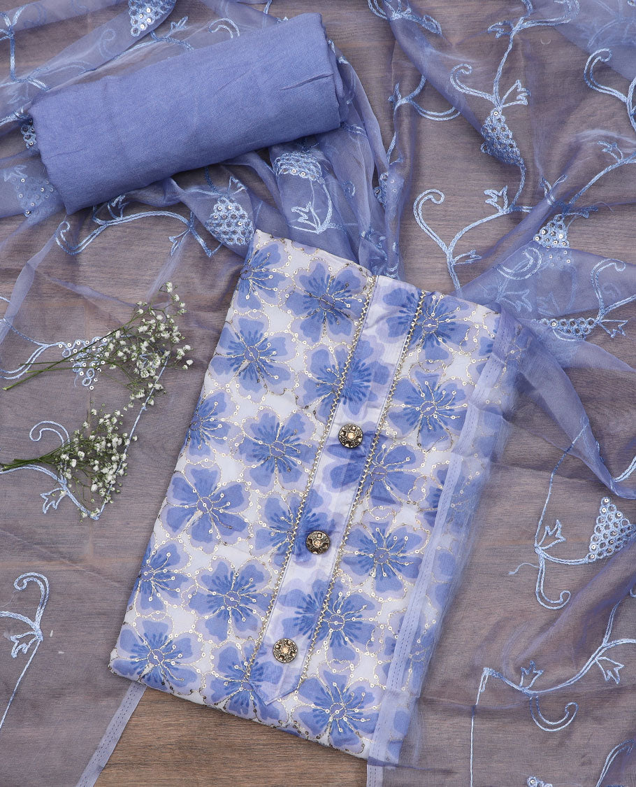 Lavender material chudidar set, floral print with sequins embroidery top, plain bottom, and paisley vine sequins embroidered dupatta