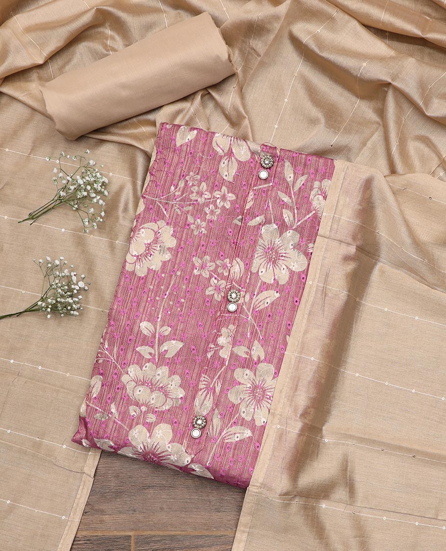 Pink material chudidar set, floral print with thread embroidered top, contrast plain bottom and sequins striped dupatta