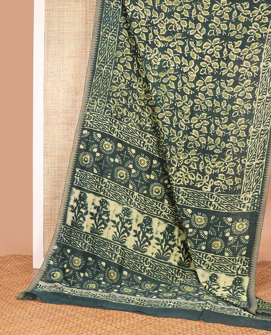 Green batik floral vine printed mul mul cotton saree, geometric printed border, and floral printed pallu