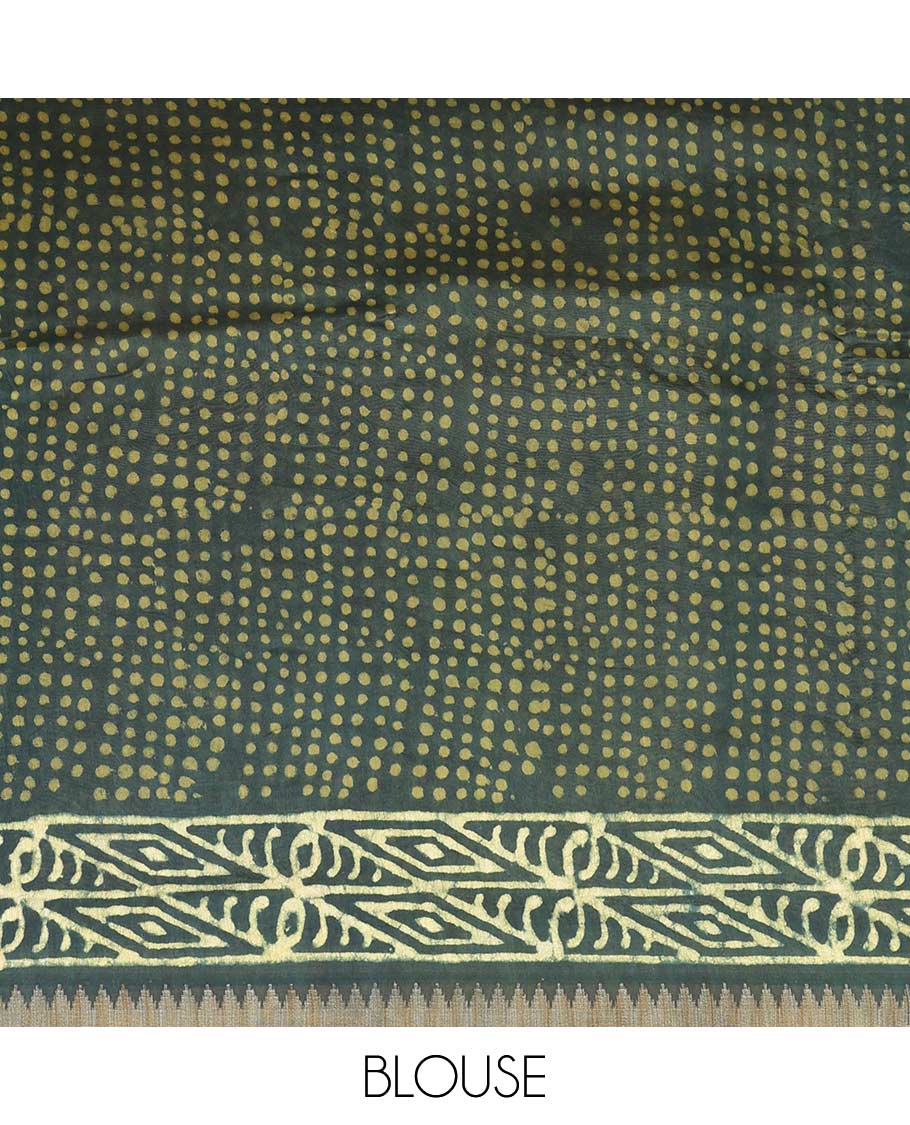 Green batik floral vine printed mul mul cotton saree, geometric printed border, and floral printed pallu