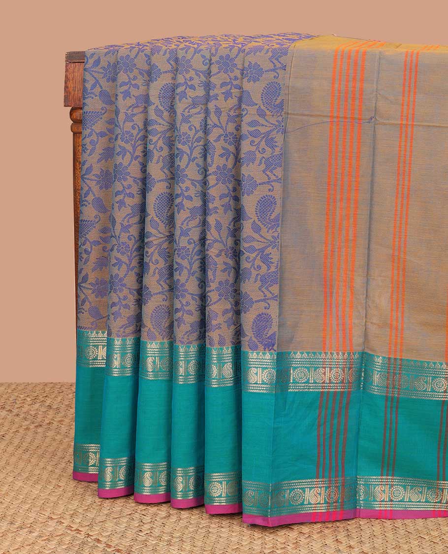 Light brown floral vine design chettinad cotton saree with contrast ganga jamuna zari design & striped pallu