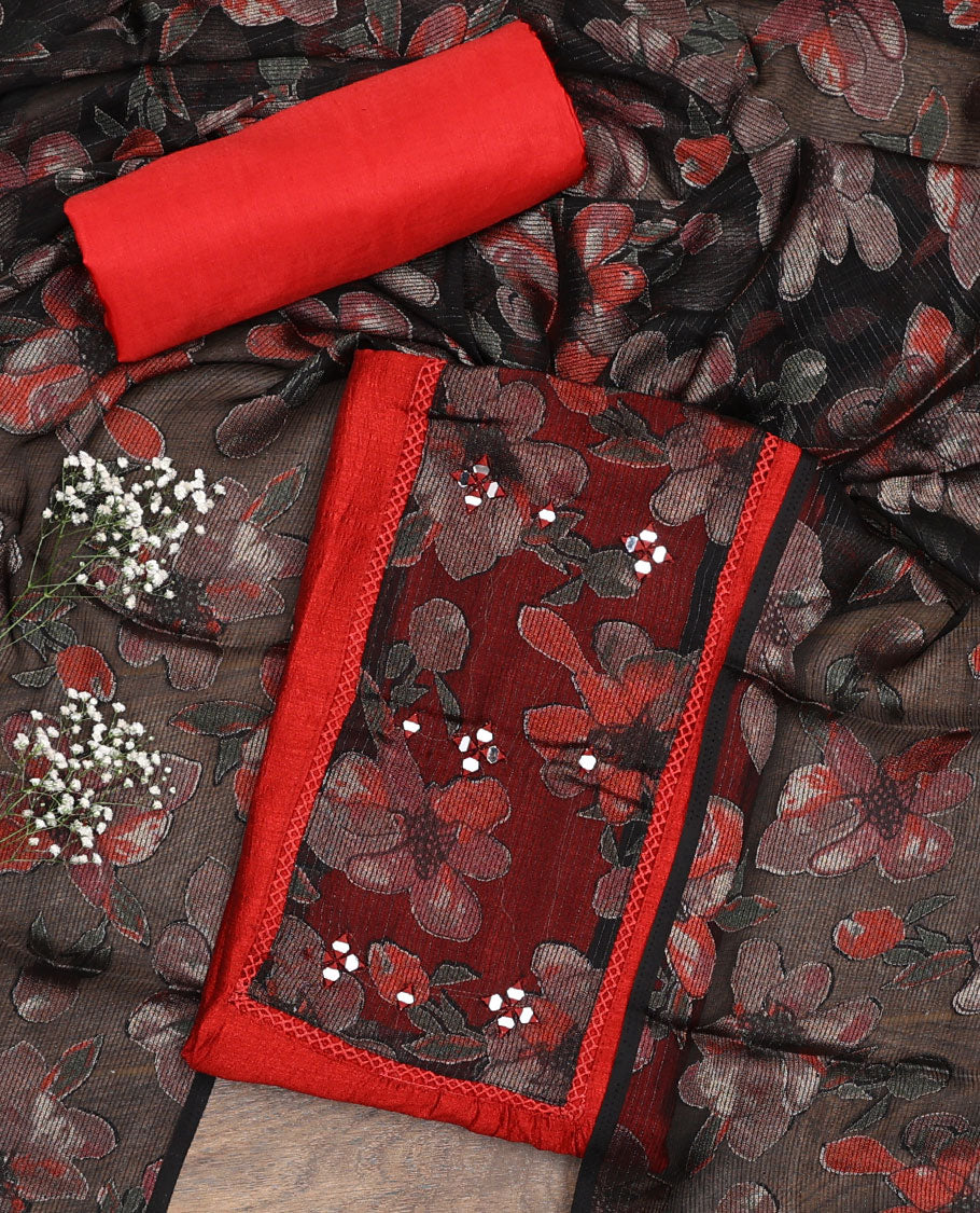 Orange material chudidar set, plain with patch embroidered work top, plain bottom, and floral printed dupatta