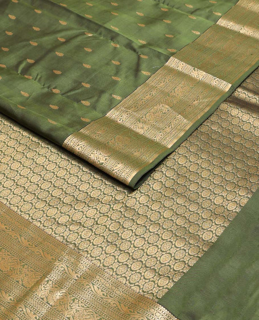 Green zari buttas Vasundhara silk mix saree, zari border of rekku,muthu & kodi siry designs & chakram motifs steeped pallu