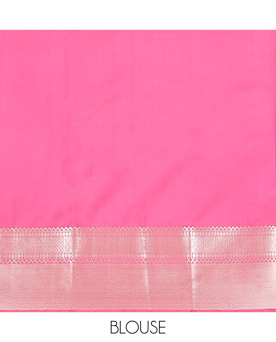 Pink muniya zari buttas Vasundhara silk mix saree, zari border of rekku, paisa, then kuli kann, mayil kann, and paiyaadi kattam and geometric design pallu