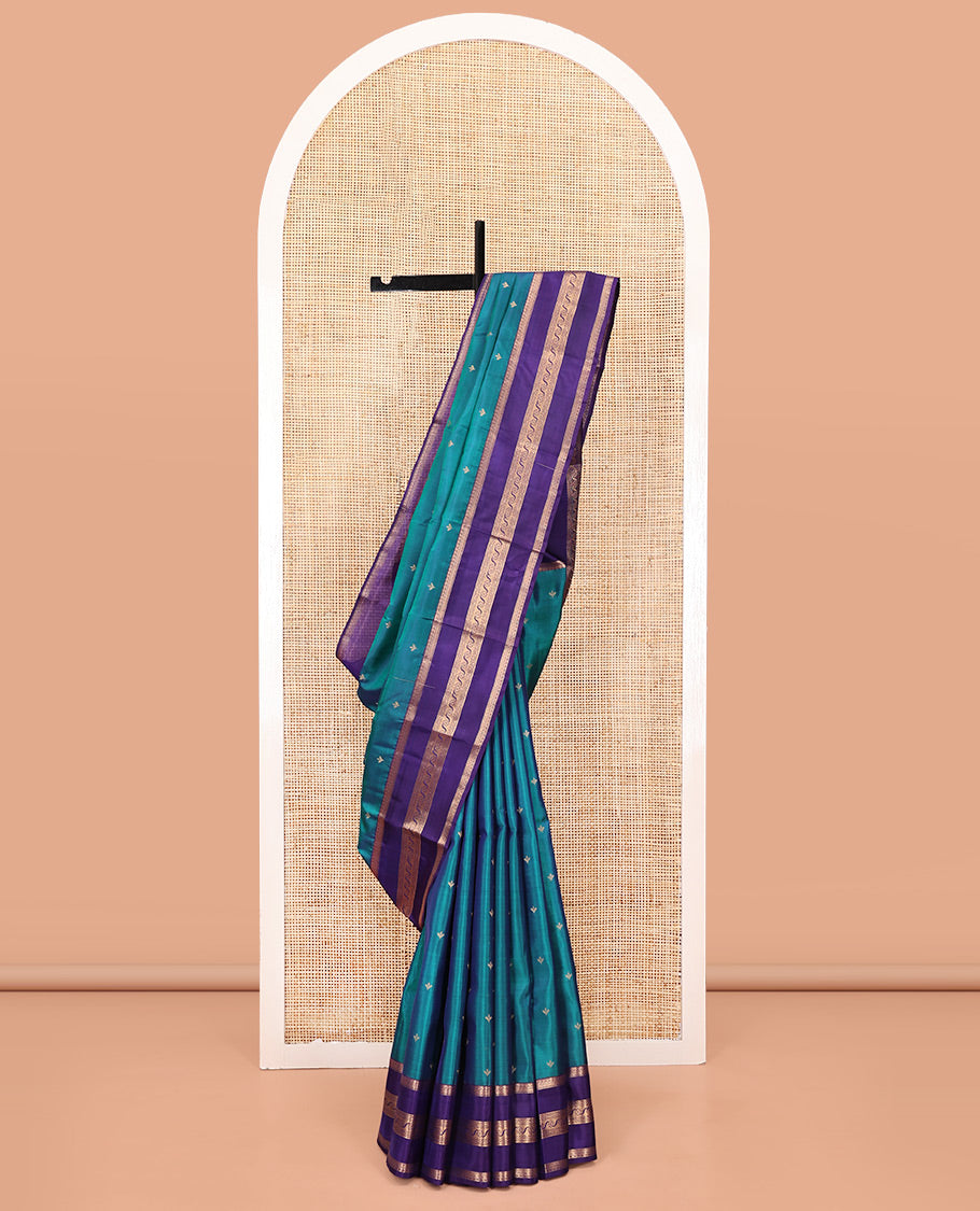 Blue Vasundhara Lite Silk Mix Saree, Showcasing Zari Buttas All Over Its Body, Complemented by Contrast Varisai Pettu Border of Kathir, Muthu, and Floral Designs, Jaal Pallu, and Paired with a Contrast Blouse