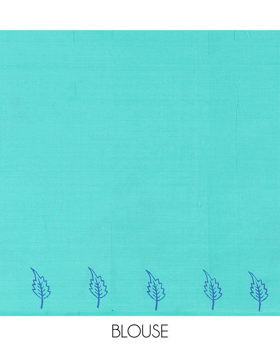 Borderless Peacock Green South Cotton Saree Featuring Leaf and Dotted Deer Motifs Block Printed All Over the Saree, Complemented by a Contrast Floral Motifs Block Printed Blouse