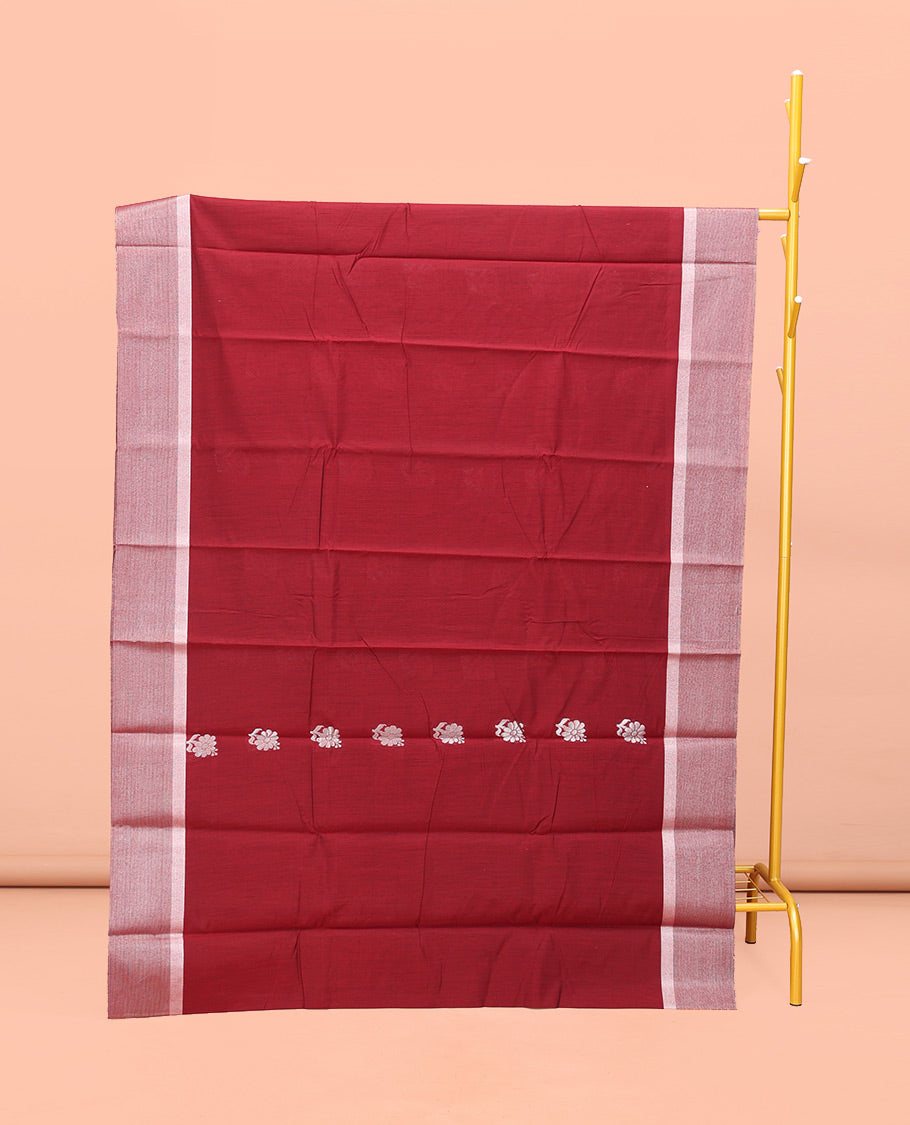 Red Semi-Silk Cotton Saree, Elegantly Highlighted with Floral Zari Buttas on Its Body, Highlighted by a Self-Border, Pallu Features Floral Designs, and Paired with a Matching Blouse