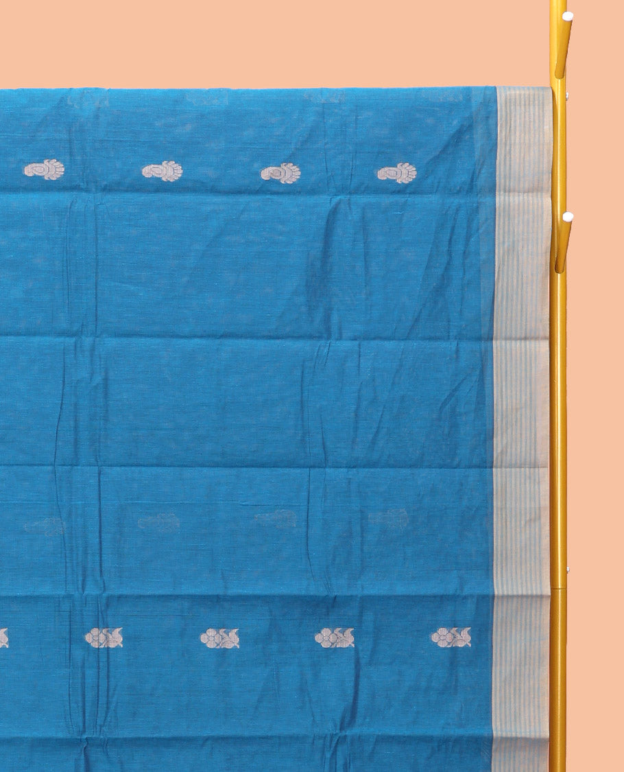 Blue Kanchi Cotton Saree, Delicately Woven with Buttas, Complemented by a Contrast Border, Paisley Pallu, and a Matching Blouse