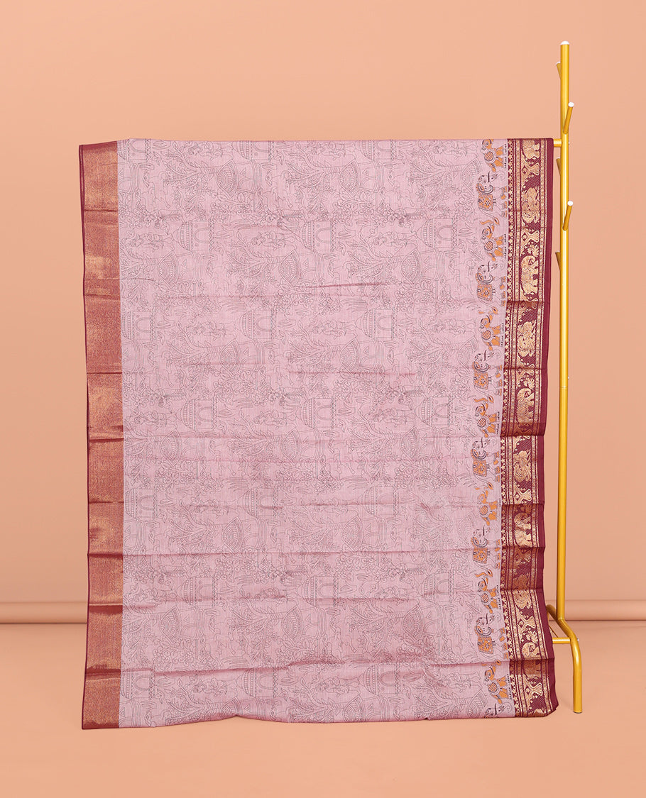 Light Pink Andhra Cotton Saree, Gleamed Up with Village-Themed Print, a Contrast Zari Elephant-Peacock Border, a Pallu of Patola-Print, and a Matching Blouse