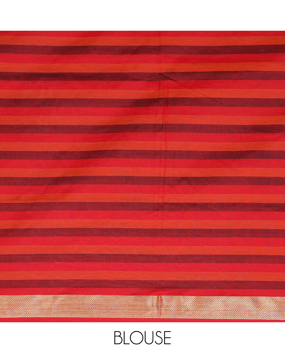 Multi-color checked design poly cotton saree, zari border & contrast striped pallu